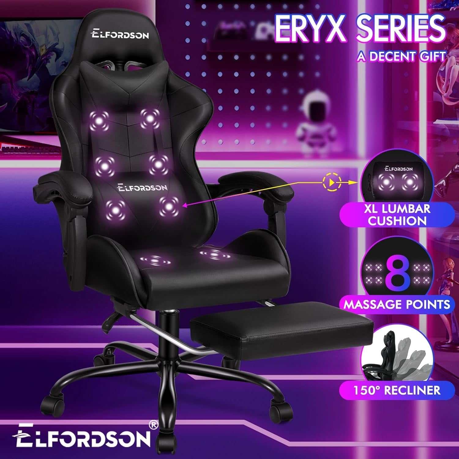 Massage Gaming Chair Recliner w/ Footrest 150° Swivel PU