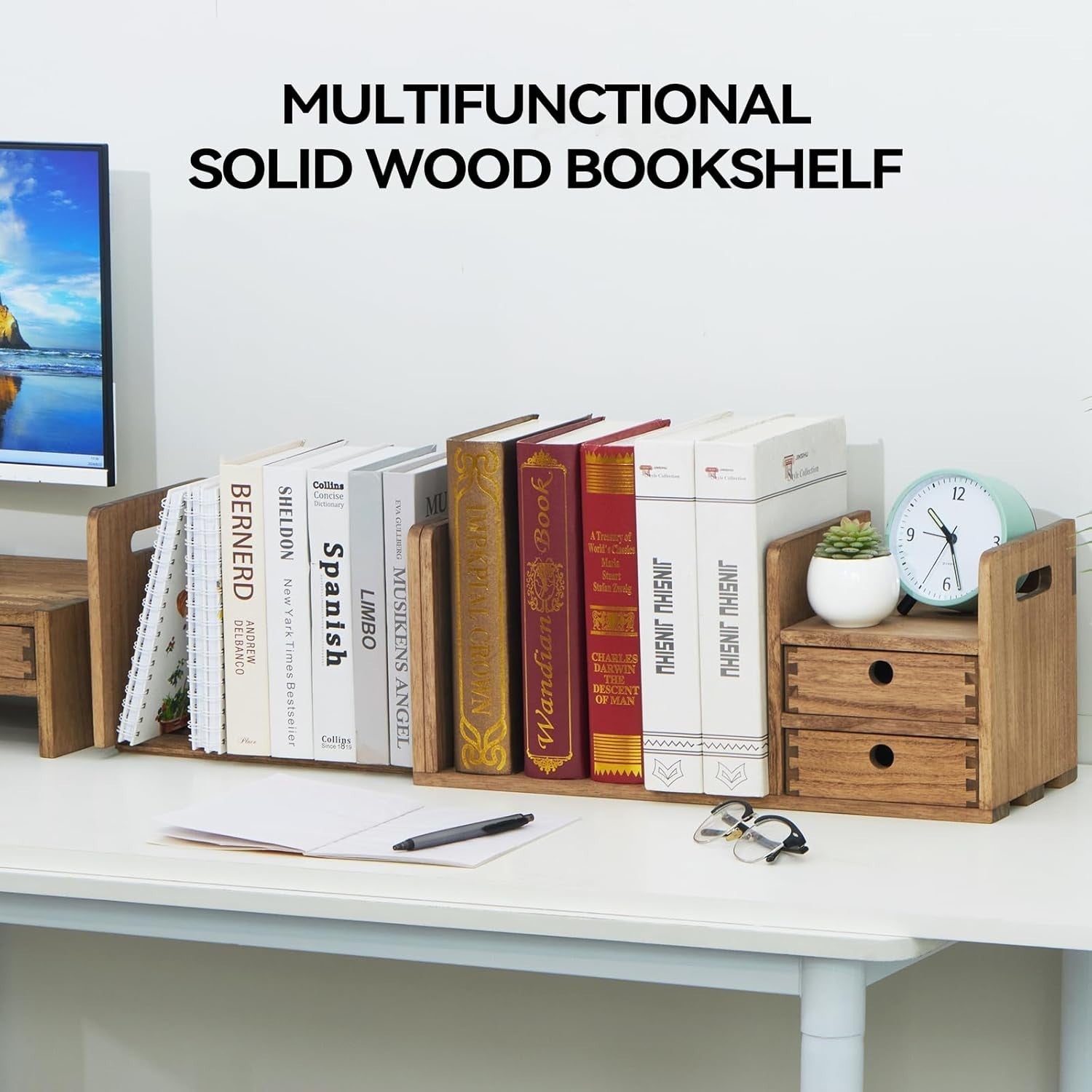Expandable Wooden Desktop Bookshelf with Drawers – Adjustable Organiser