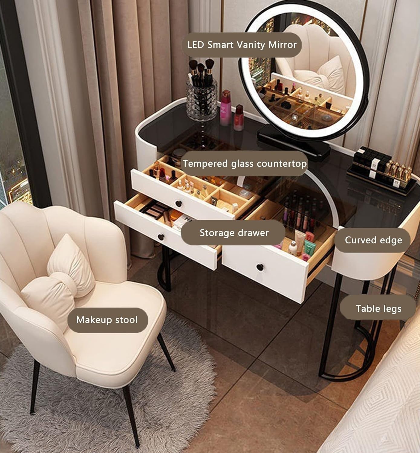 Makeup Vanity Dressing Table w/ LED Light Mirror, 2 Drawers, Stool, Wood/Metal