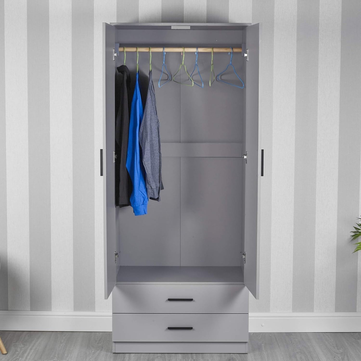 Tall Grey 2 Door Wardrobe with Grey Drawers & Hanging Rail | Bedroom Storage