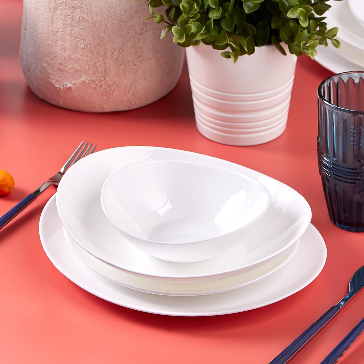 24pc Glass Dinner Set for 6 White Plates Bowls Dishwasher Safe