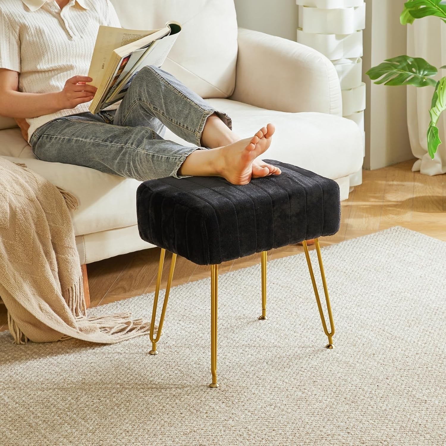 Black Velvet Rectangular Footrest Stool – Modern Vanity Seat with Metal Legs