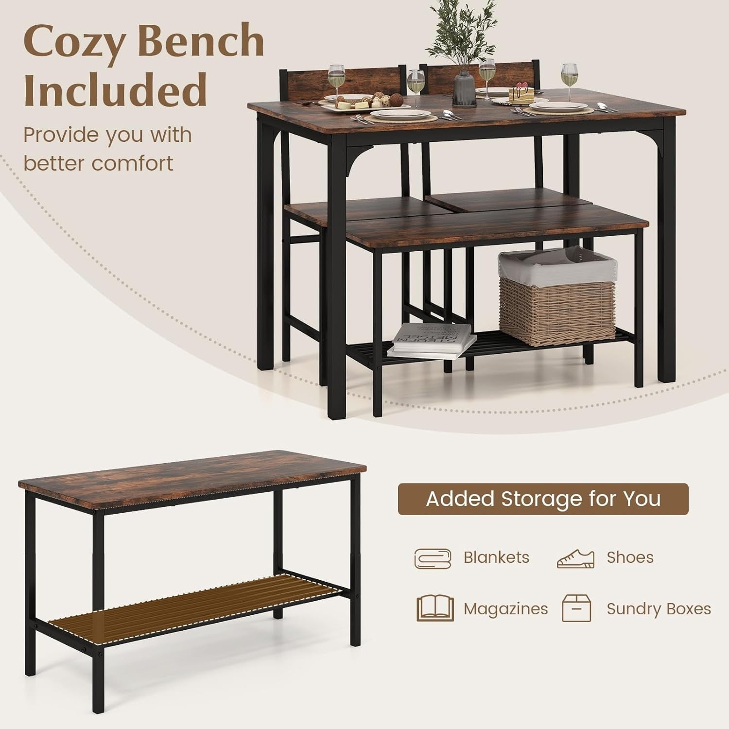 Rustic Brown Industrial Dining Set with Bench & Storage Shelf – Seats 4