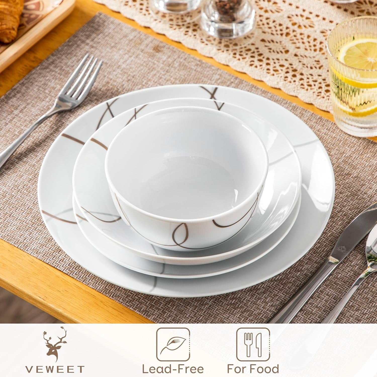 24 Piece Porcelain Dinner Set Plates Bowls Modern Line Design Dishwasher Safe