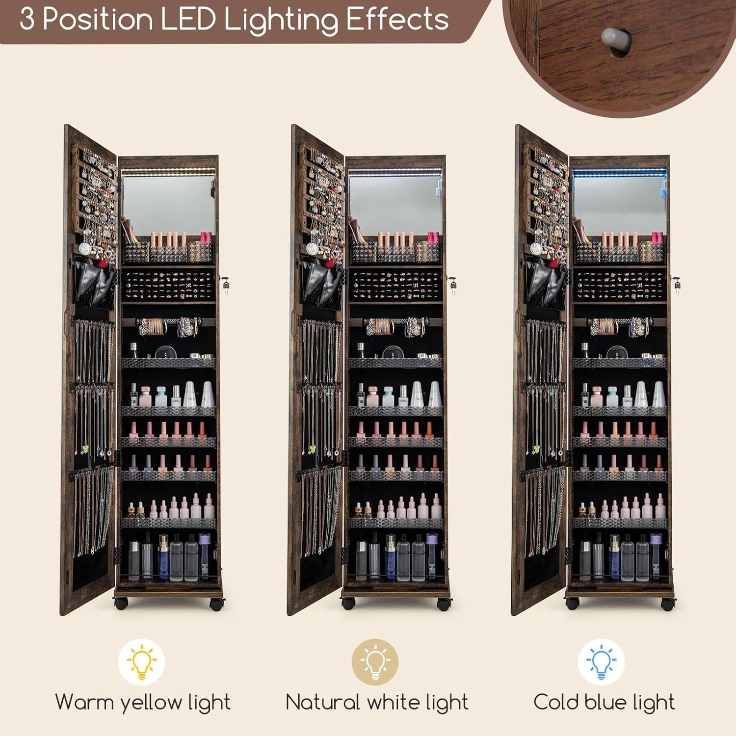 Coffee LED Jewelry Cabinet Mirror Lockable Rolling Storage Organizer