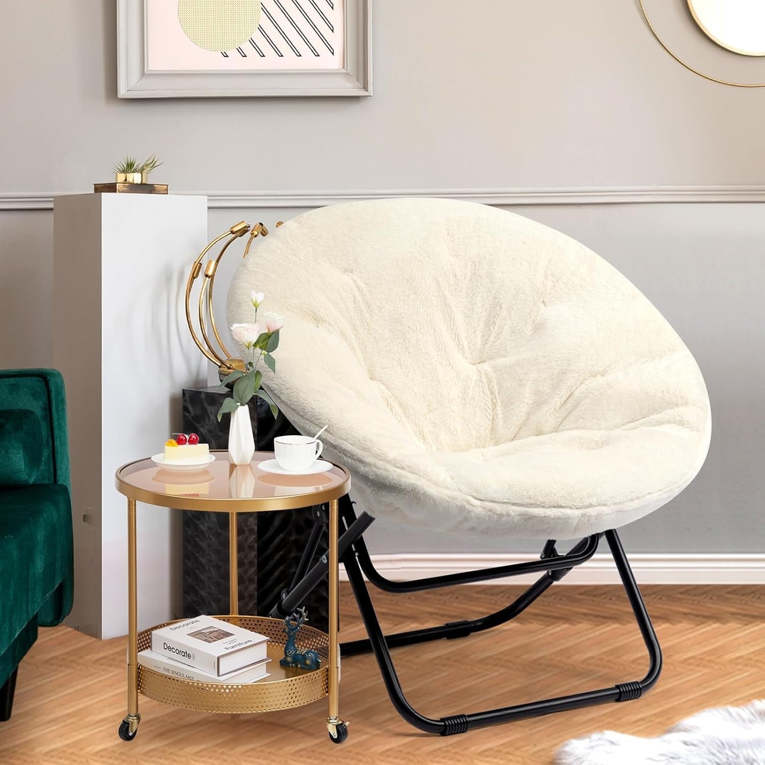 Folding Plush Saucer Chair - Cozy Small Round Armchair for Living Room Bedroom