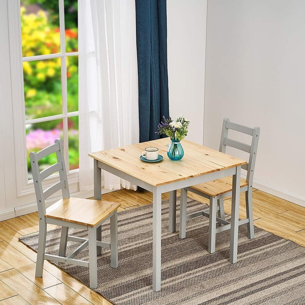 Solid Pine Dining Table & 2 Chairs Set | Durable Kitchen Furniture Grey