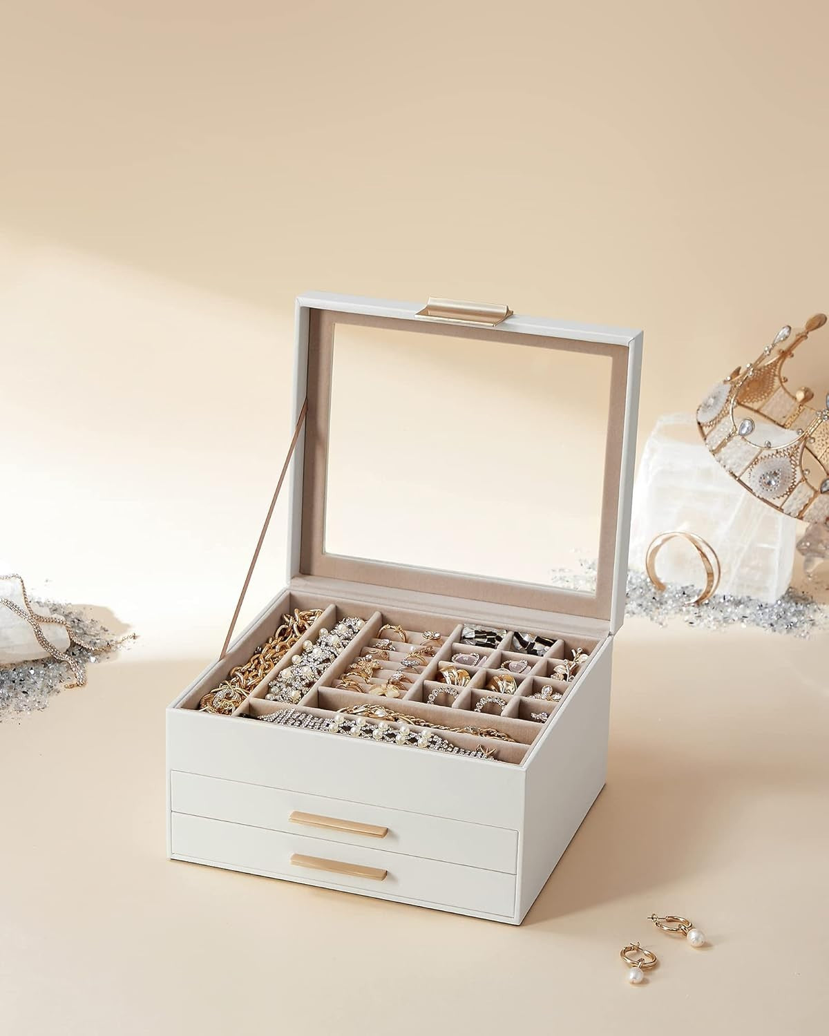 Glass Lid Jewellery Box Cloud White Gold 3 Tier Storage with 2 Drawers