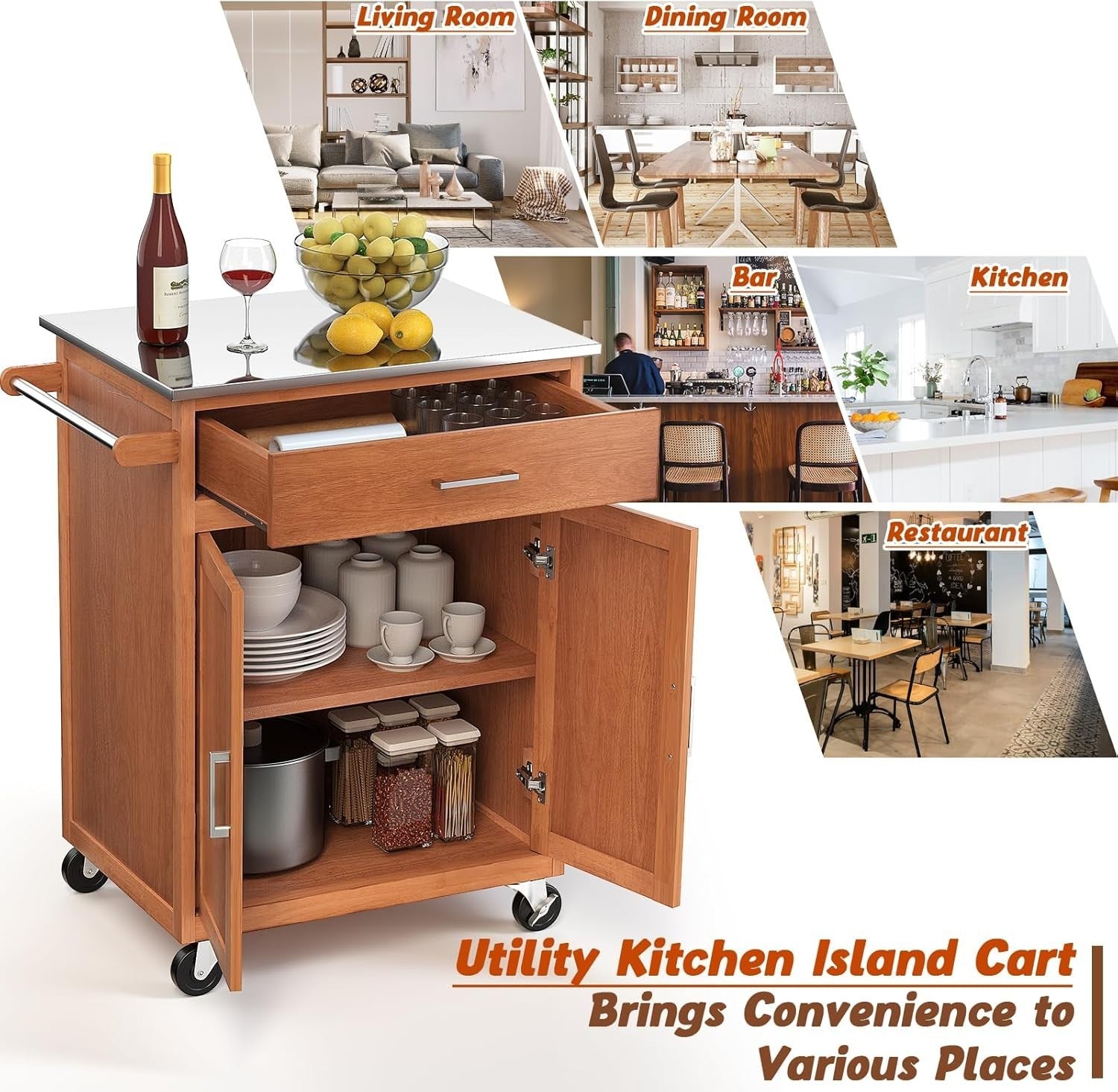Kitchen Storage Trolley with Stainless Steel Top, Rolling Cart, Adjustable.