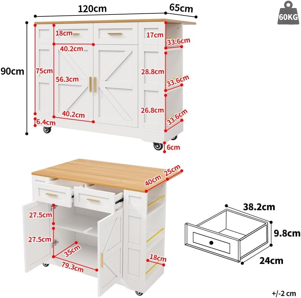 White Kitchen Island Cart with Foldable Worktop, 2 Drawers & Storage Racks