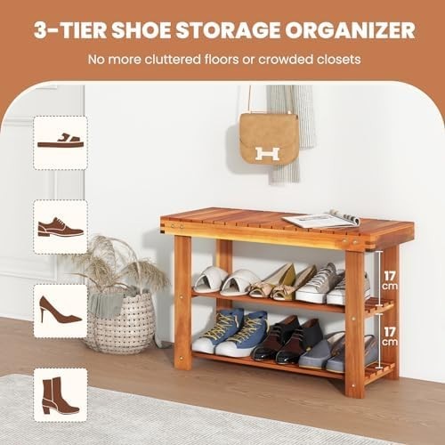 70cm Acacia Wood 3-Tier Shoe Rack Bench – Hallway Storage Seat