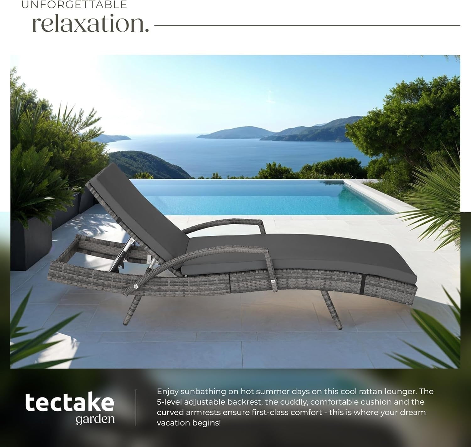 Adjustable 5-Position Rattan Sun Lounger with Cushion, Weatherproof & Lightweigh