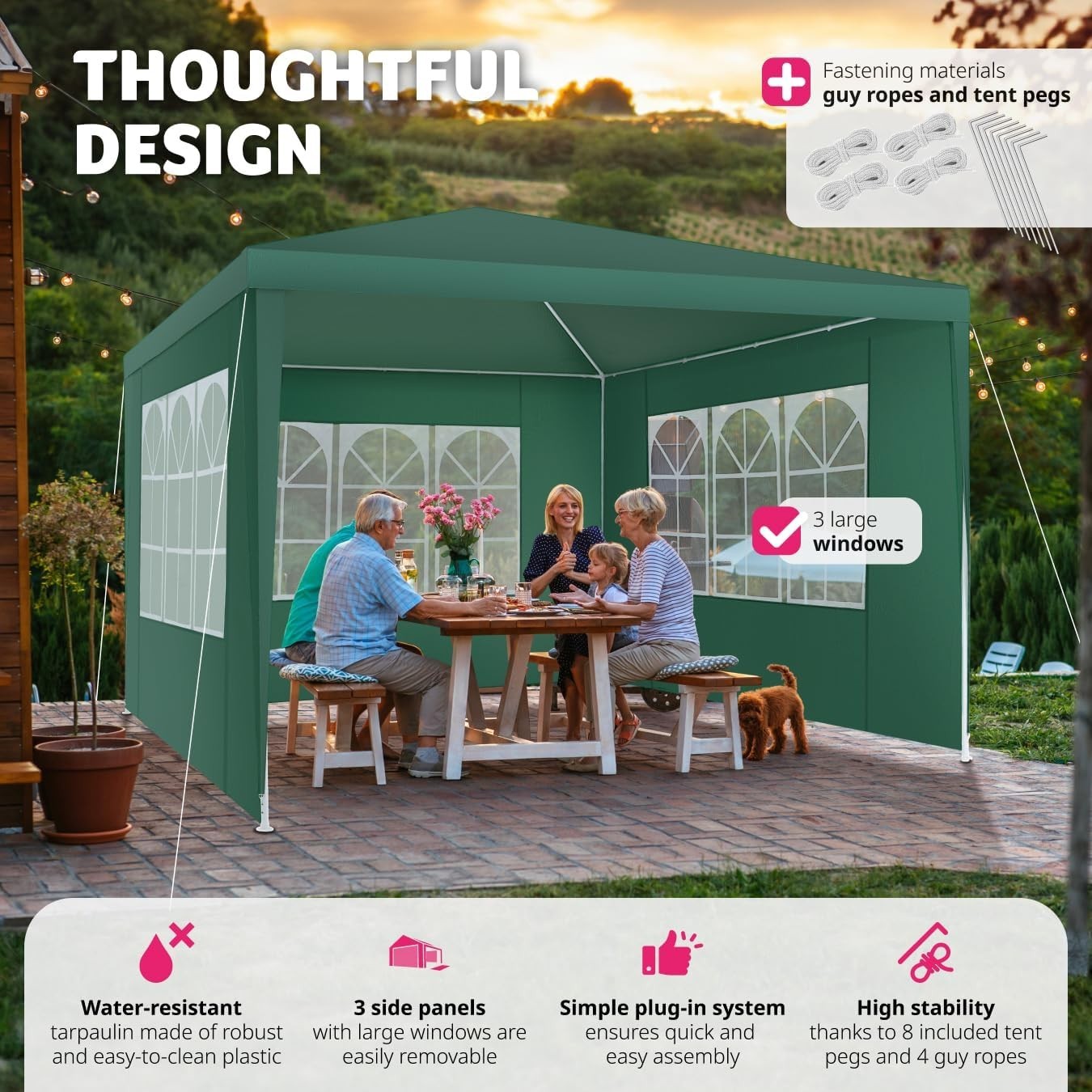 3x3m Green Garden Gazebo Waterproof UV Shelter w/ 3 Side Panels Steel Frame