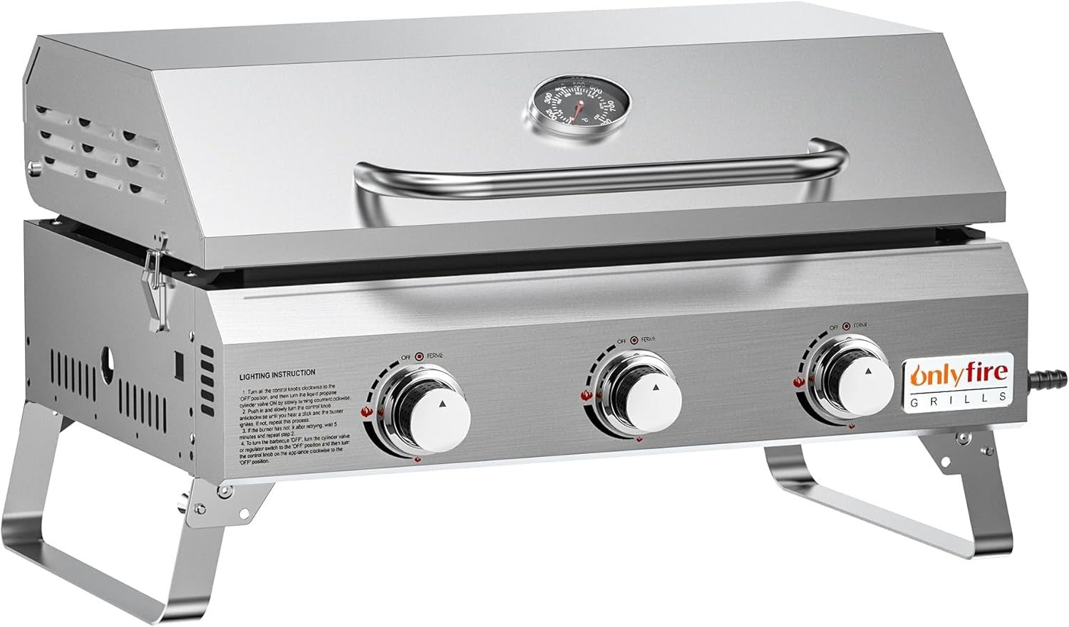 Portable 3 Burner Gas BBQ Plancha Grill with Lid & Thermometer