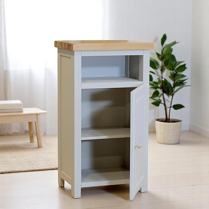 Cashmere Grey Slim Wooden Cupboard with Oak Top Bathroom Storage Cabinet