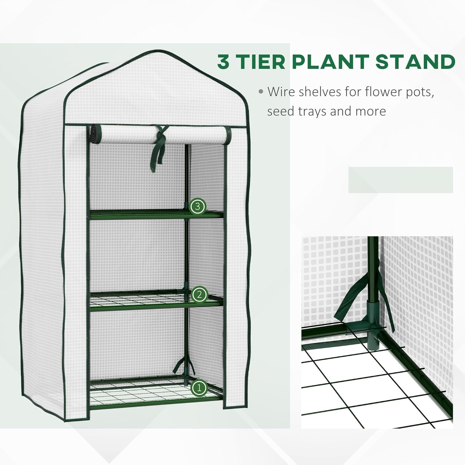 3 Tier Mini Greenhouse with Reinforced PE Cover Roll-Up Door for Plants