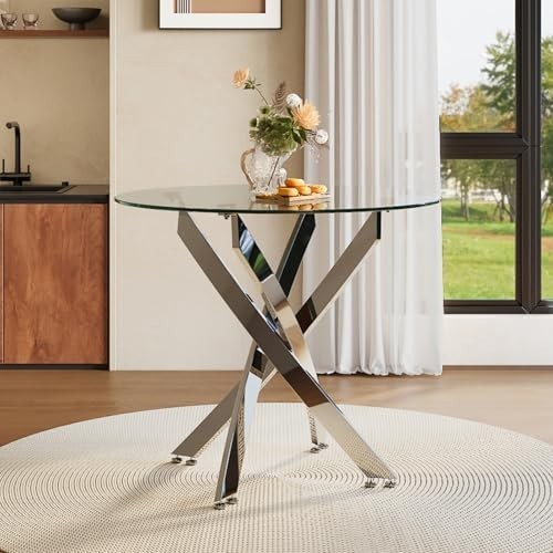90cm Round Glass Dining Table with Chrome Legs Modern Small Kitchen Dining Table