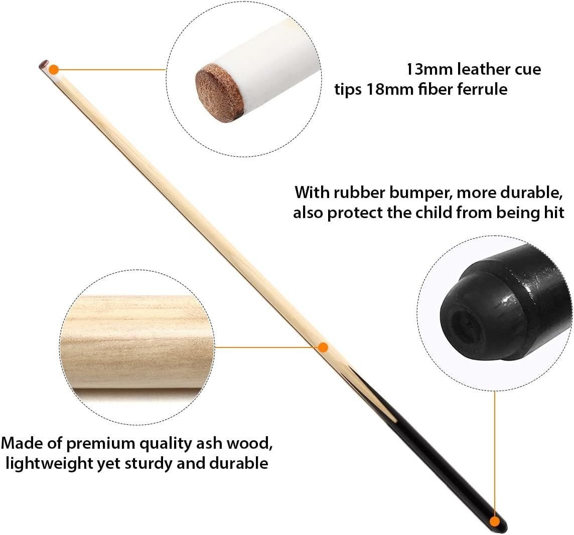 2x 36in Kids Pool Cue Sticks 13mm Tip One Piece Ash Wood