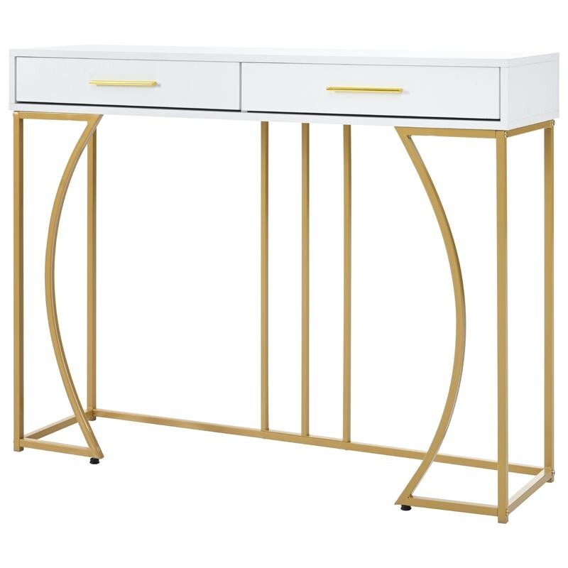 Modern White & Gold Console Table with 2 Drawers – 110cm MDF Metal Frame
