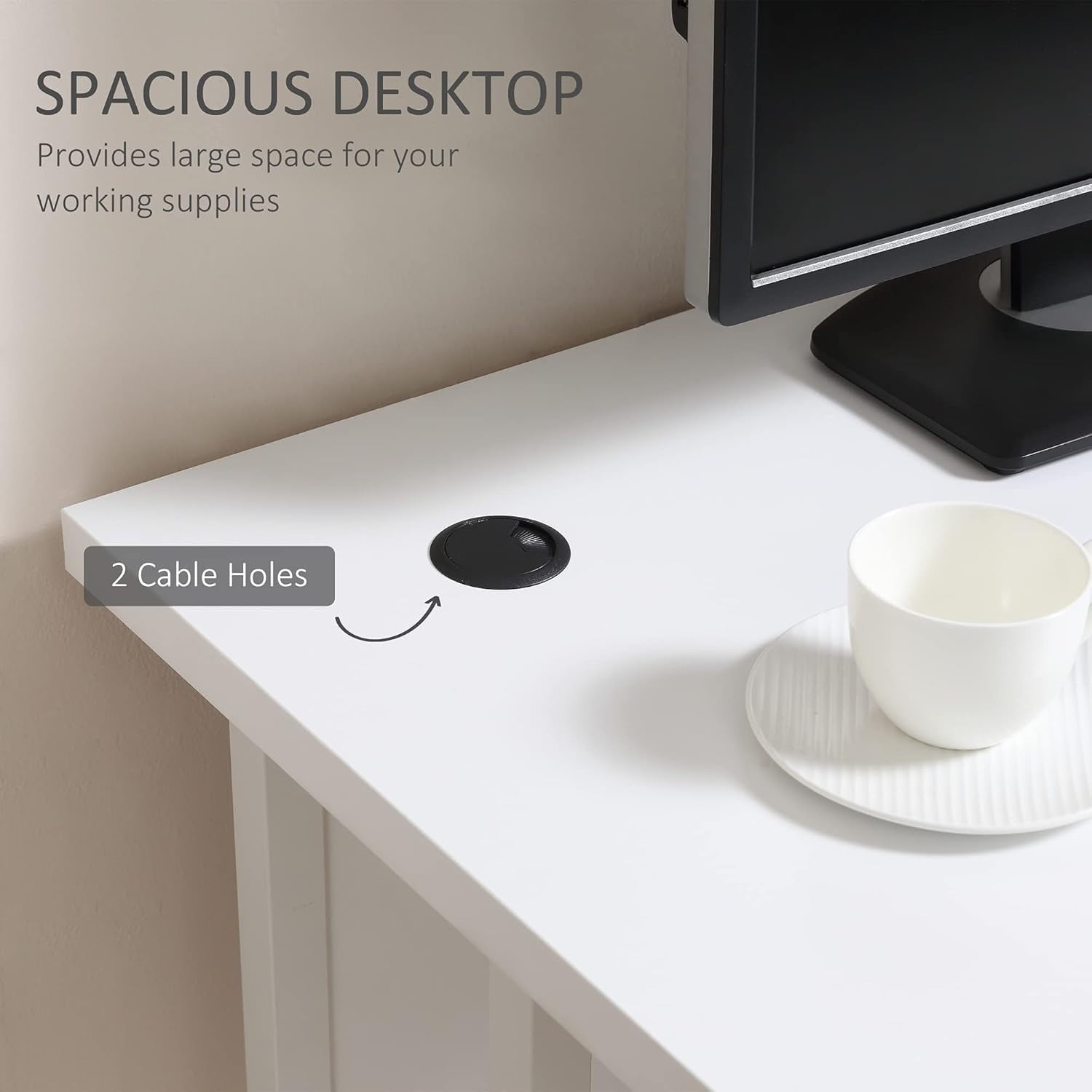 White 120x60cm Computer Desk w/Cable Holes, Metal Legs & Adjustable Feet