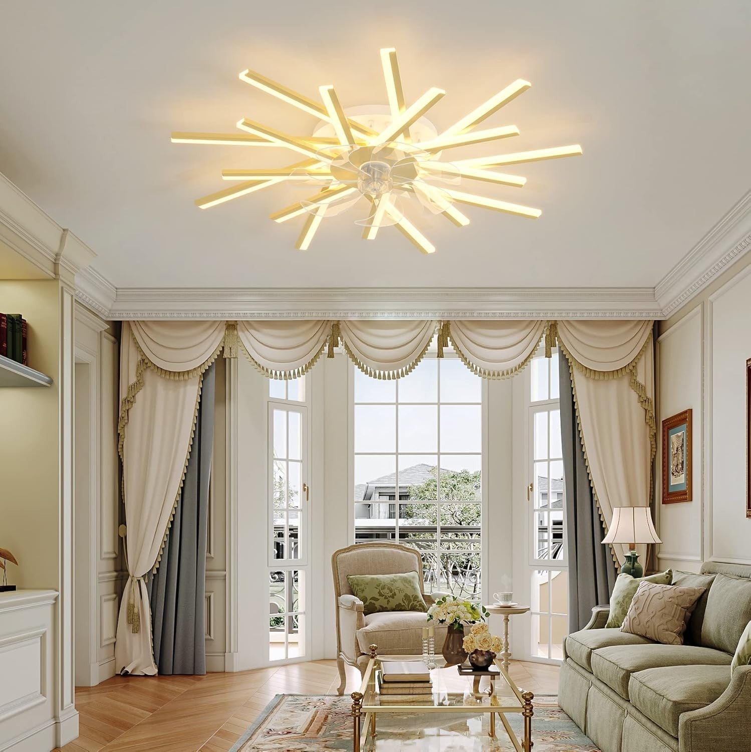 LJX 92cm Ceiling Fan with LED Light, Remote & App, 6 Speeds, Dimmable, Gold