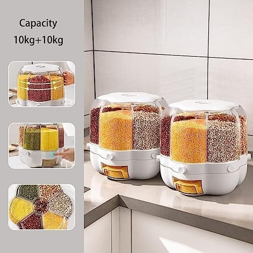 10KG 6 Grid Rotating Cereal Dispenser 360° Grain Storage Container