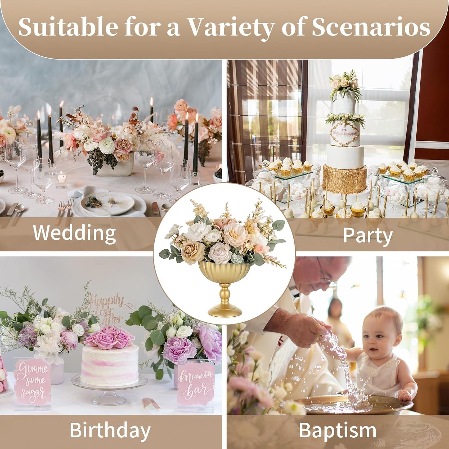 Gold Urn Wedding Centrepiece Vase Pair – 20cm Metal Flower Table Decor