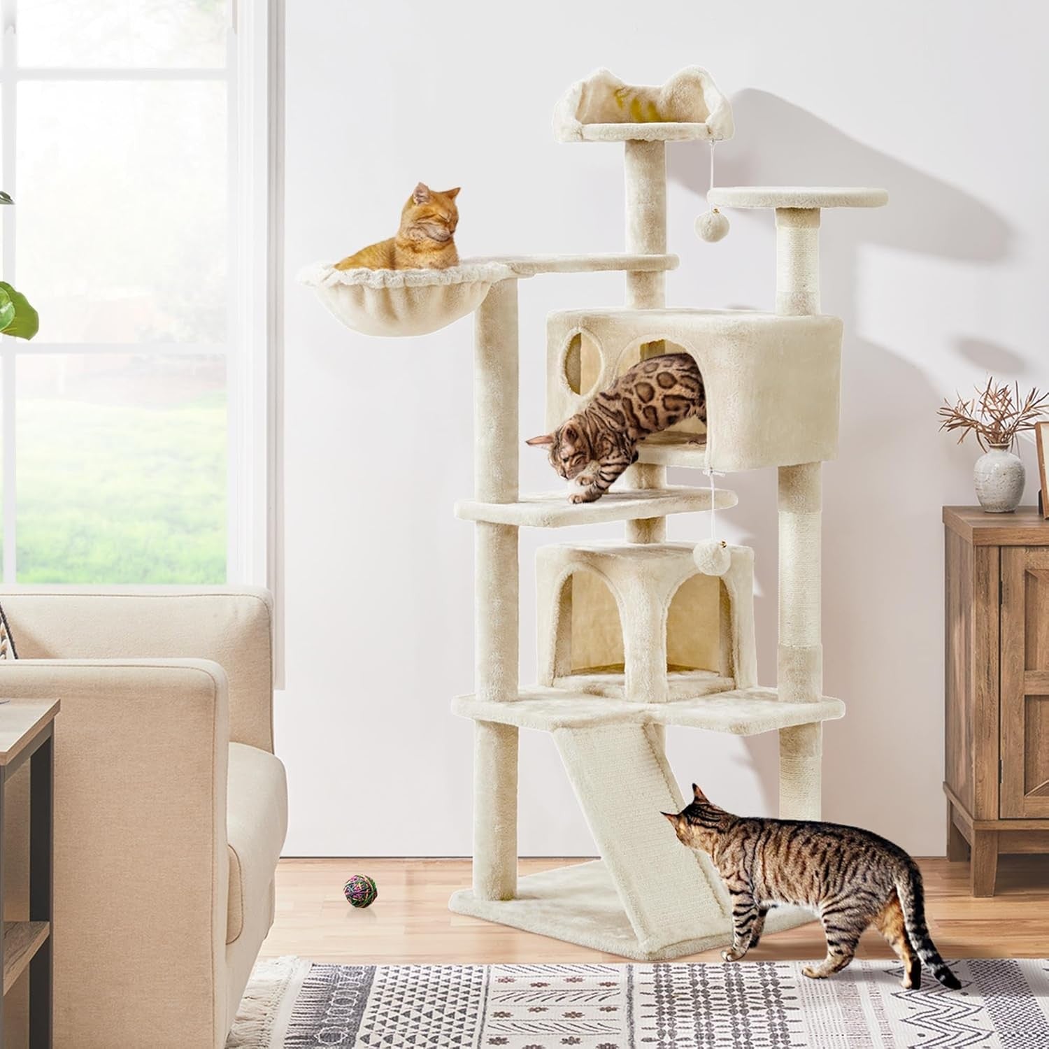 Large Cat Tree 144.5cm Multi Level Tower With Condos Scratching Ramp