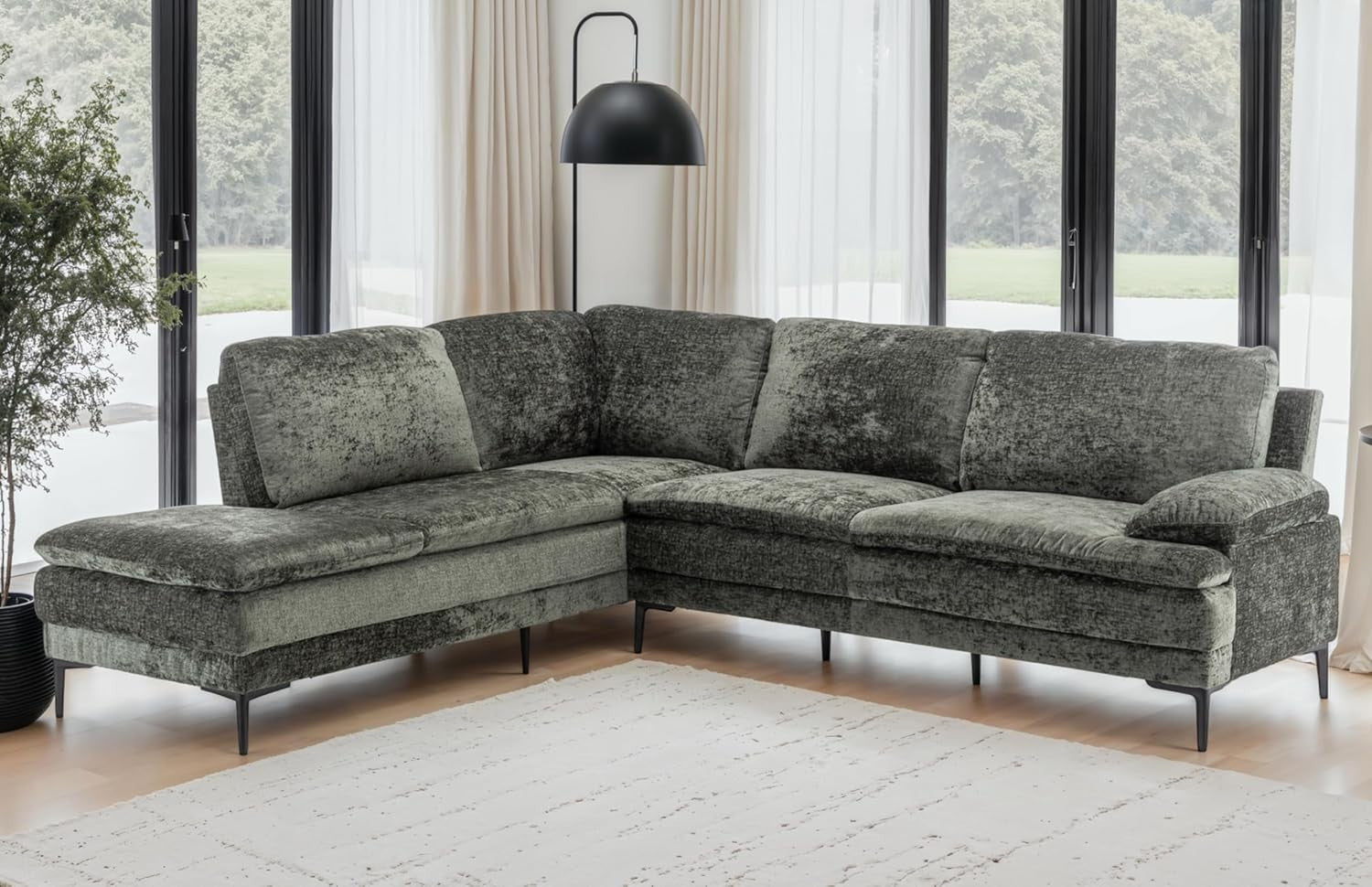 Sage Green Chenille 4-Seater L-Shaped Corner Sofa with Chaise, Deep Seat