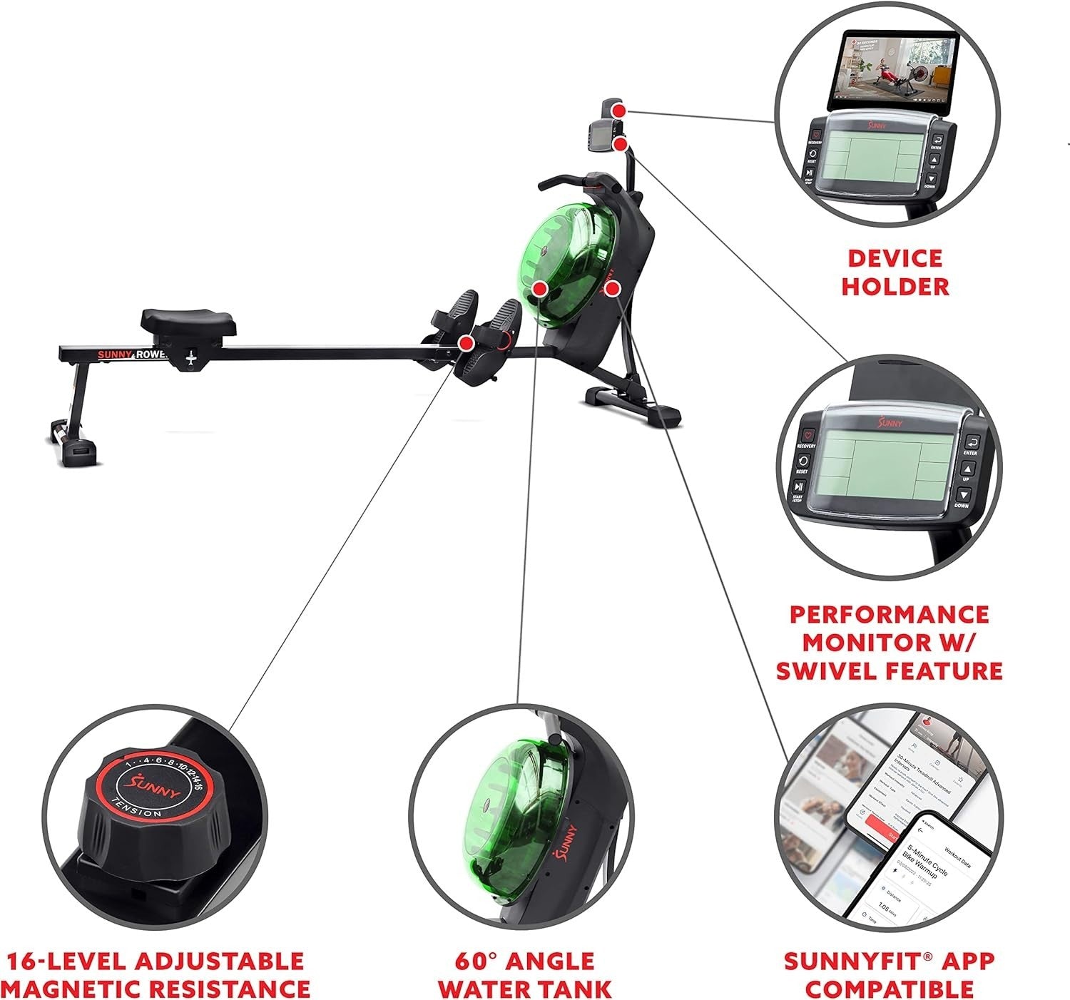Dual Magnetic Water Rowing Machine Smart LCD App Long Rail Green Rower 120KG