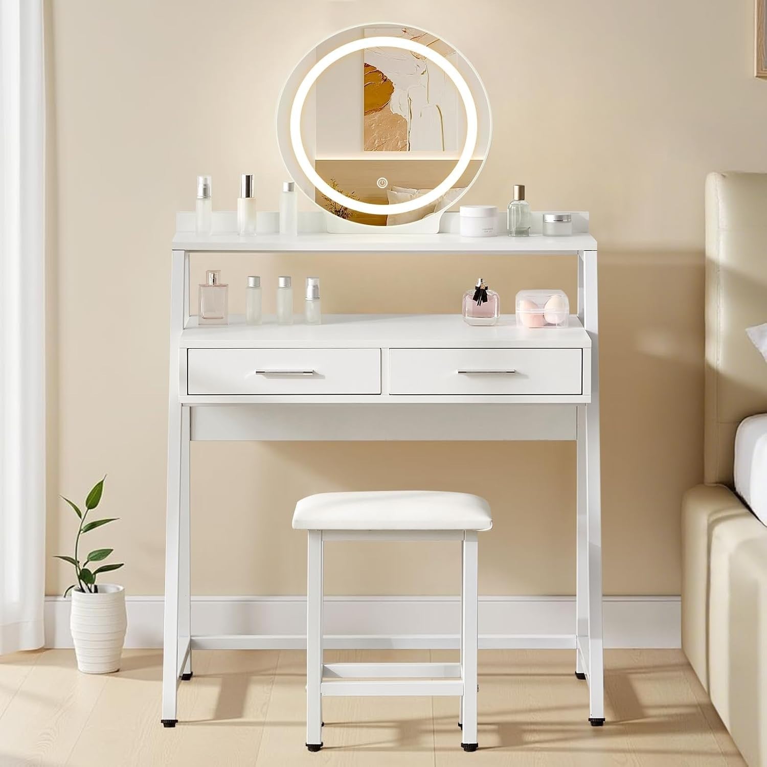 European Makeup Vanity Desk Lighted Mirror LED 3 Color 4 Drawers Storage Shelf