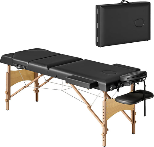 Portable 3-Section Massage Table Adjustable Wooden Beauty Bed w/ Face Cradle