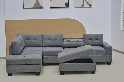 Comfortable Grey L-Shape Corner Sofa with Ottoman & Cup Holders, Modular