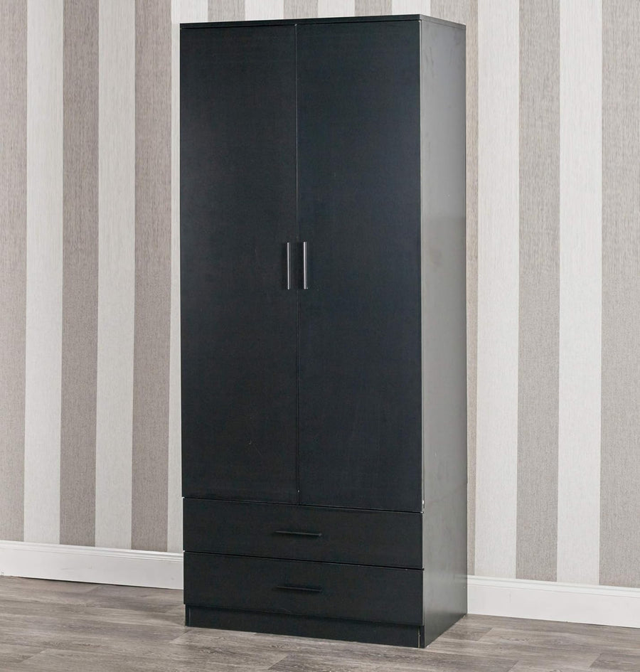 Black 2 Door Wardrobe with Drawers Hanging Rail Storage Bedroom Unit