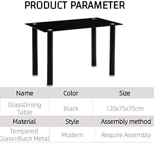 Rectangular Dining Table 120x70cm Black Glass Metal Legs Modern Kitchen