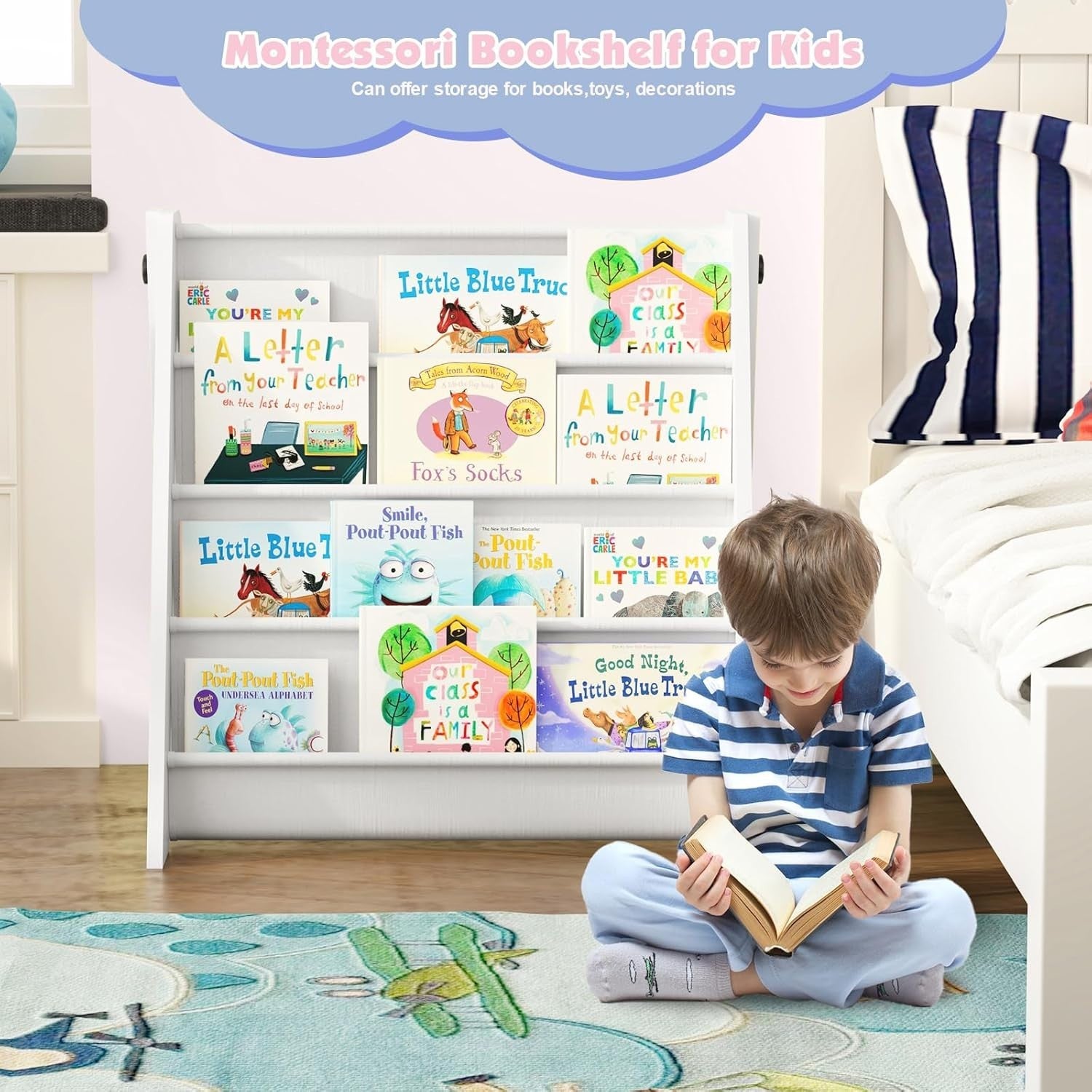 4-Tier Foldable Kids Bookshelf with Deep Fabric Pockets Storage Rack