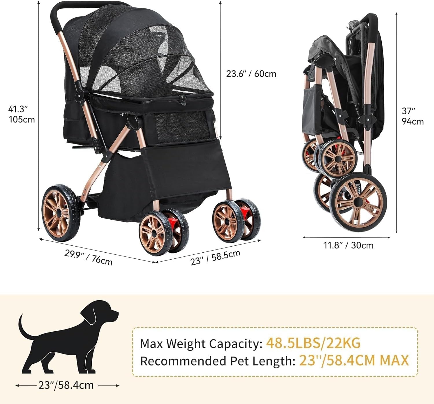 Dog Stroller 22kg Folding Pet Pram Large Wheels Travel Pushchair