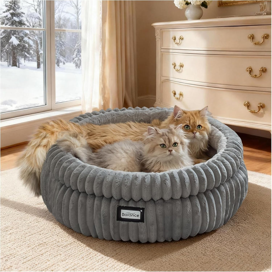 Round Plush Cat Bed 61cm Washable Faux Fur Kitten Puppy Bed Non Slip