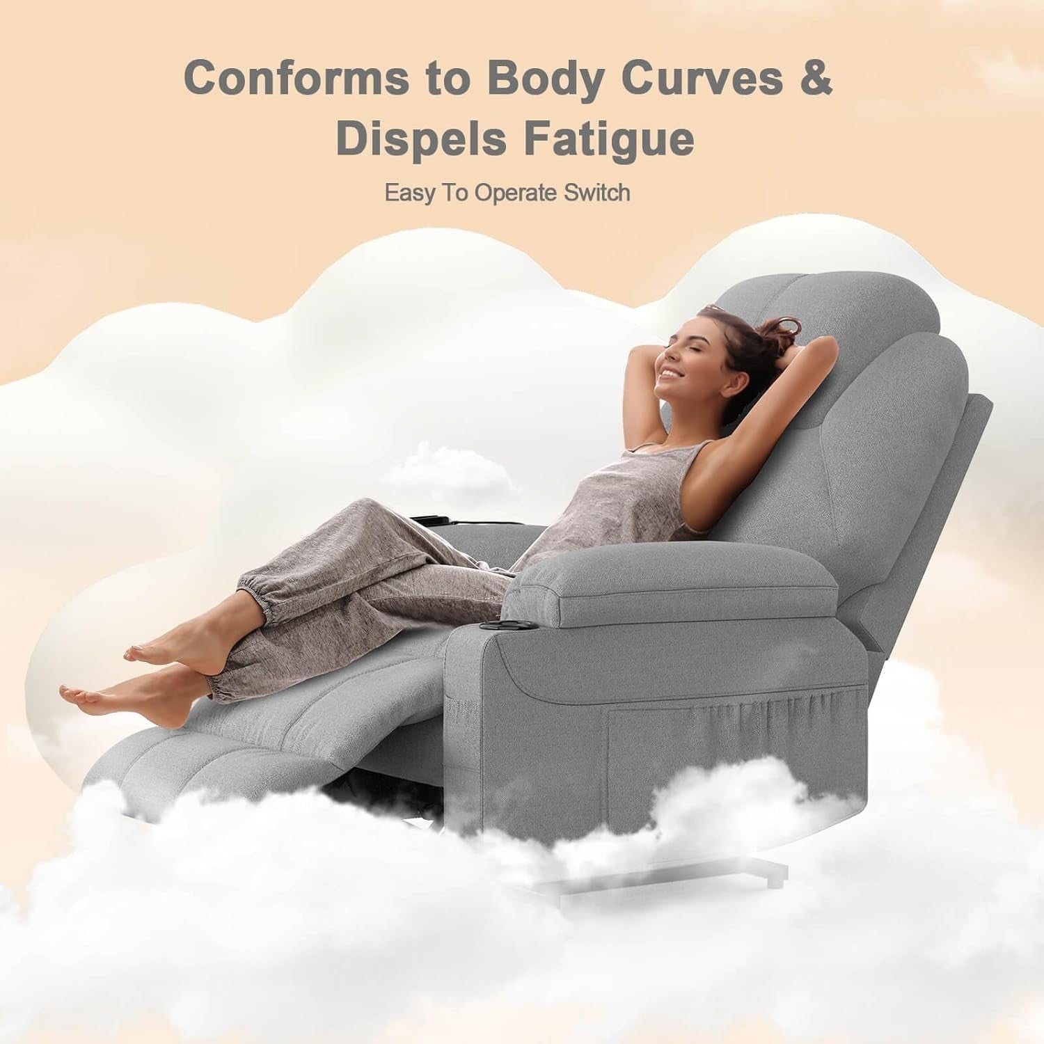 Set of 2 Power Lift Recliners Massage Heat USB-C Footrest Cup Holders Grey