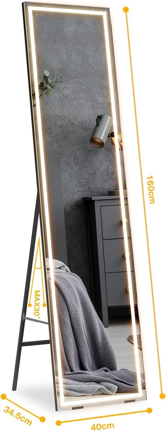 Full Length LED Mirror 160x40cm Wall Mounted Touch Dimmer Black Frame