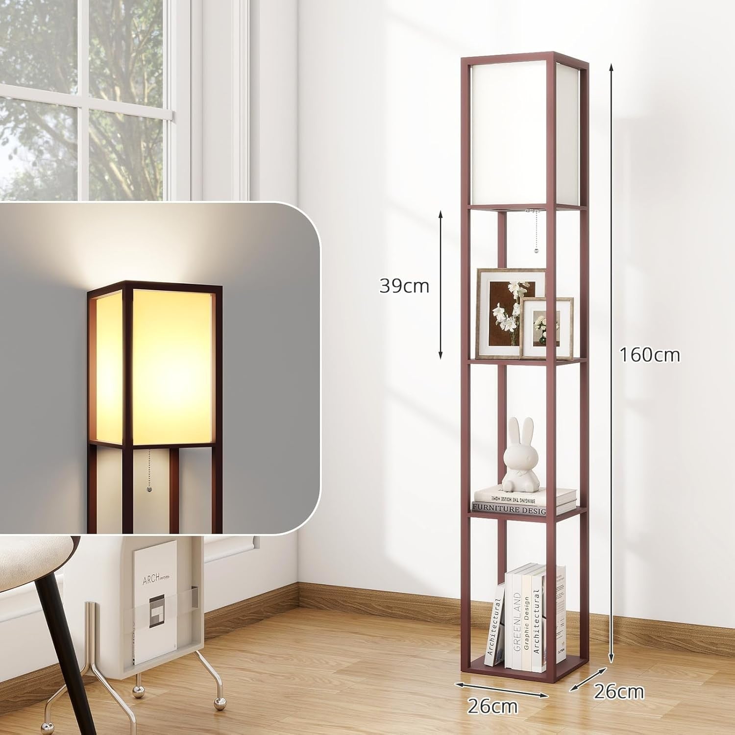 Floor Lamp with Shelves LED Bulb Included Wooden Storage Standing Light