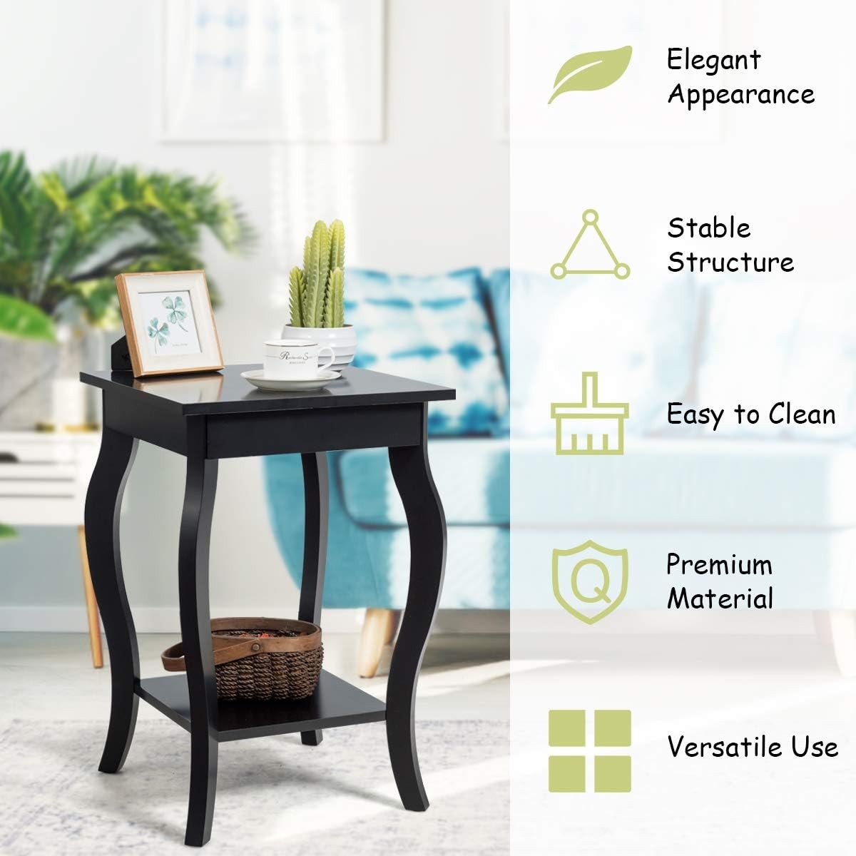 Black 2-Tier Bedside Table with Open Storage Shelf – Modern Wooden Side Table 40