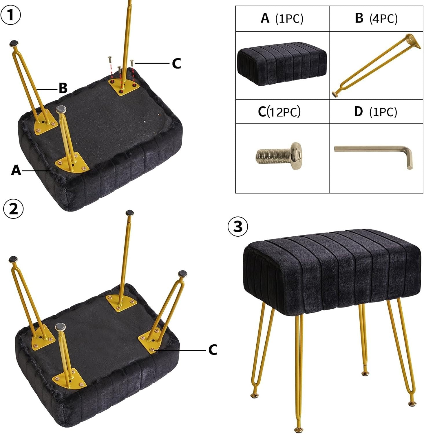 Black Velvet Rectangular Footrest Stool – Modern Vanity Seat with Metal Legs