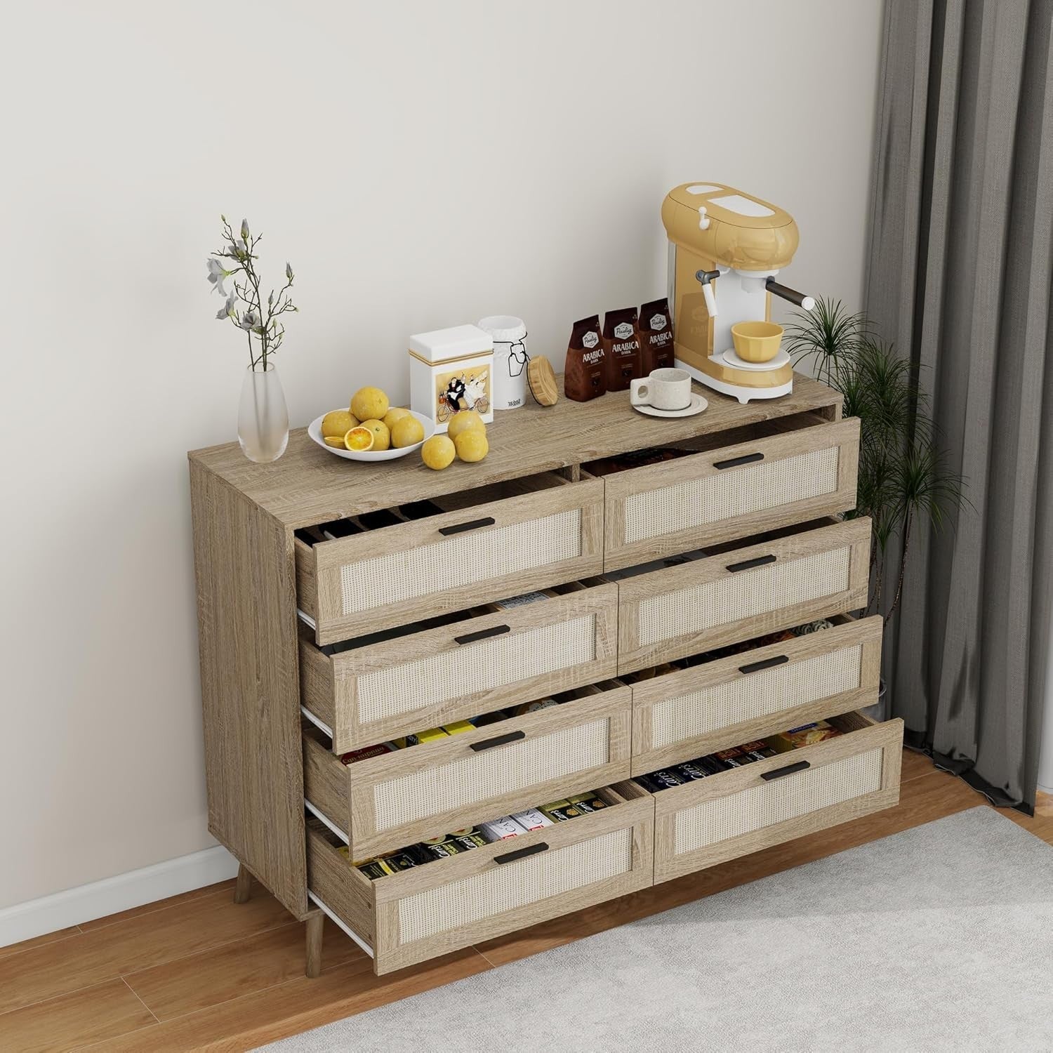 Oak Rattan Chest of Drawers 8 Drawer Storage Cabinet Wood Bedroom