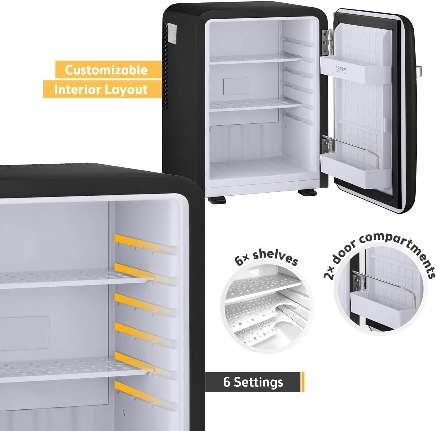 40L Retro Mini Fridge Silent Frost-Free LED Interior Freestanding Black