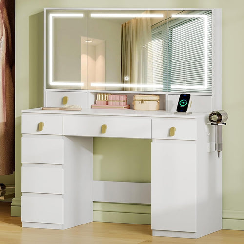 White Modern Dressing Table Vanity Desk with Lighted Mirror 8 Drawers Storage