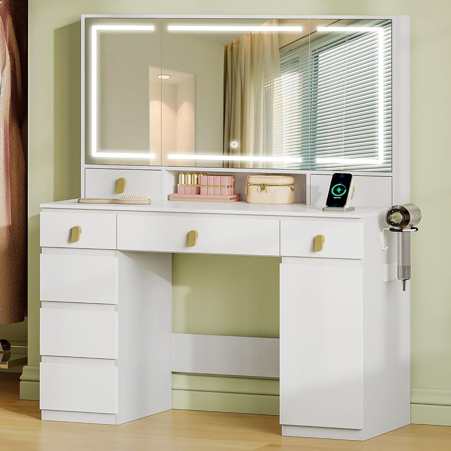 White Modern Dressing Table Vanity Desk with Lighted Mirror 8 Drawers Storage