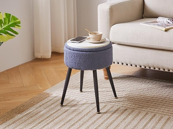 Blue Grey Round Vanity Stool with Storage – Teddy Fur Ottoman Chair