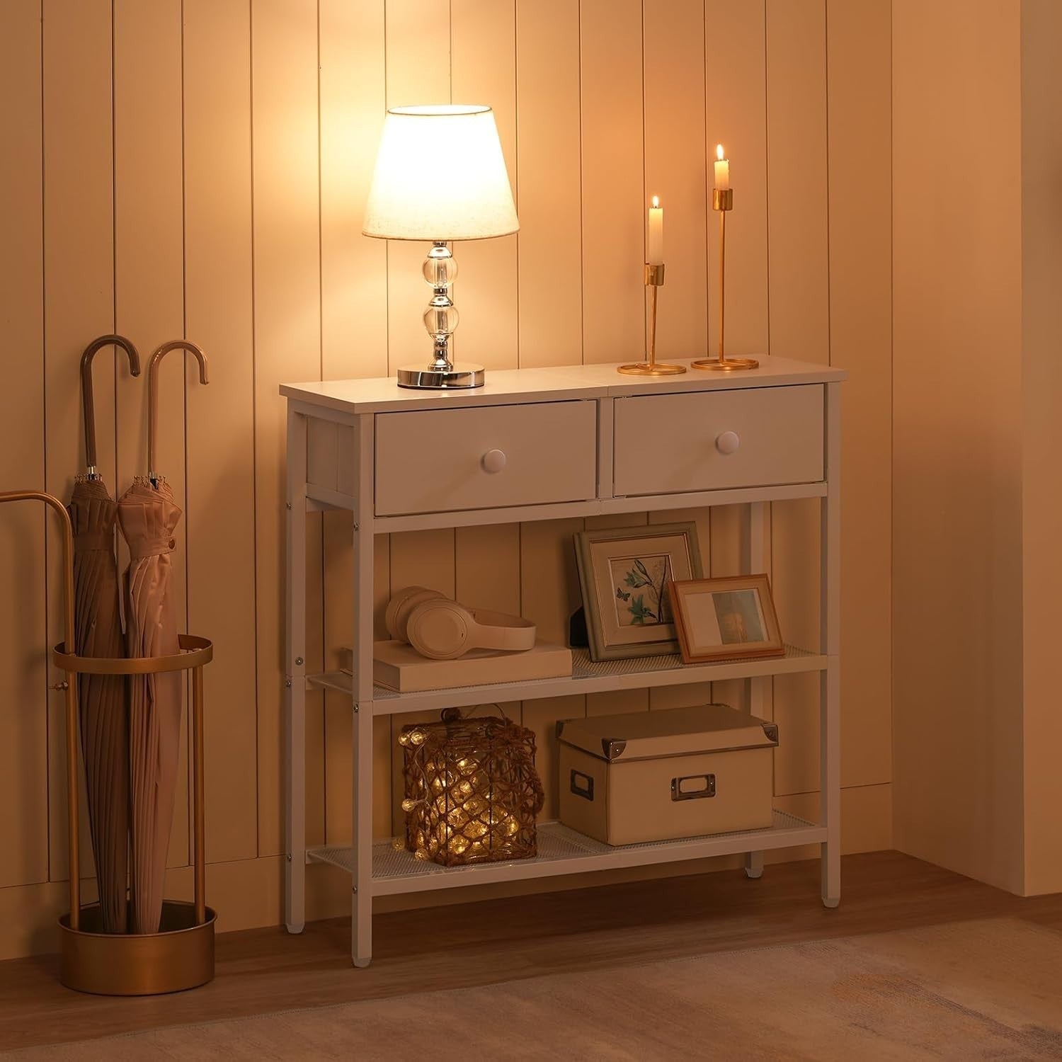 Slim White Console Table with 2 Drawers & Mesh Shelves – Space-Saving Storage