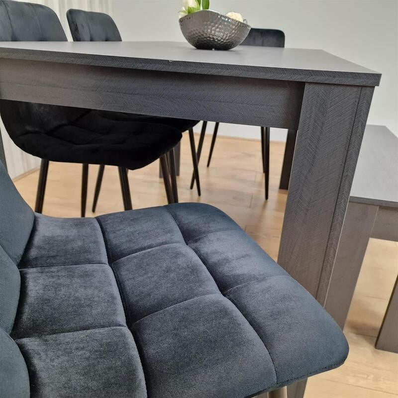 6 Seater Dining Table with 4 Black Chairs & Bench – Dark Wood Kitchen Set